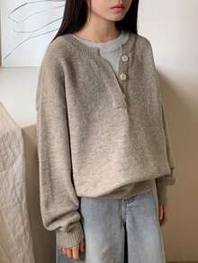 Dazy Kids Girls Slouchy Color Block Henley Neck Pullover Sweater, Soft & Cozy For Big Tween Girl, Fall - Apricot - View 6