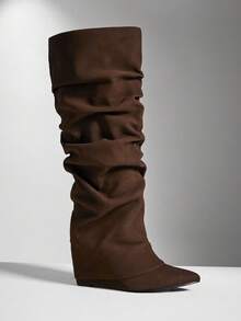 SHUZIA Women's Fashionable Comfortable Knee-High Pointed Toe Slouch Wedge Boots, Suitable For Daily Casual & Holiday Wear For Christmas - Chocolate Brown - View 6