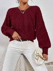 SHEIN LUNE Women's Casual Solid Color Round Neck Raglan Sleeve Loose Knit Sweater, Autumn/Winter - Burgundy - View 3