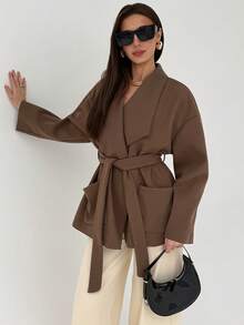 Aloruh 女士纯色极简长袖大衣，日常穿着的秋季服装，修身款式，是一款百搭的秋冬外套，非常适合约会和浪漫场合。 - 咖啡棕 - 查看 8