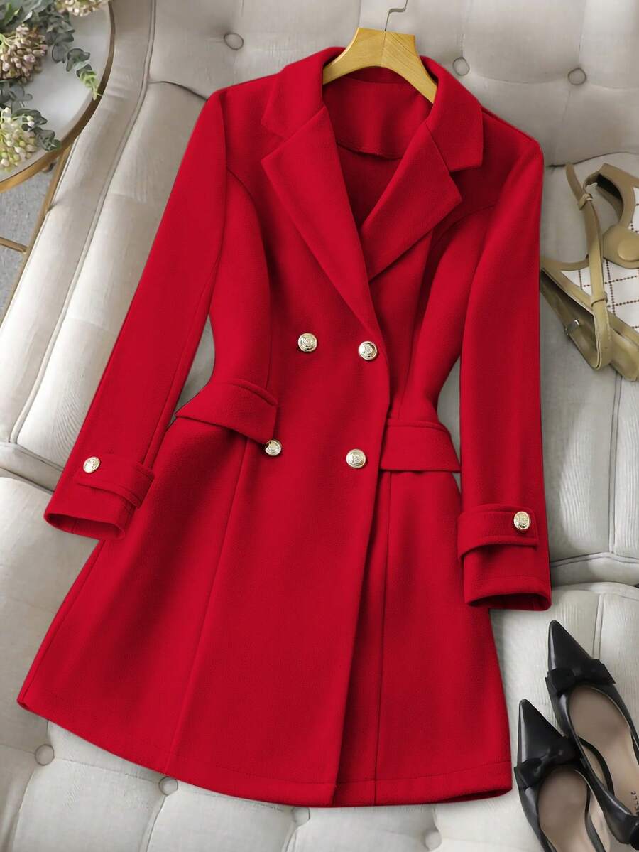 SHEIN PETITE Women's Notched Collar Cinched Waist Double-Breasted Overcoat - Red - View 1
