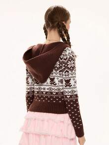 ROMWE Kawaii 女士休闲几何图案拉链连帽开衫，秋冬季 - 棕色 - 查看 3