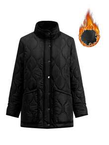 SHEIN Clasi Women's Casual Everyday Commute Simple Solid Color High Collar Warm Padded Winter Coat, Autumn/Winter Fall Winter New Year Christmas - Black - View 1