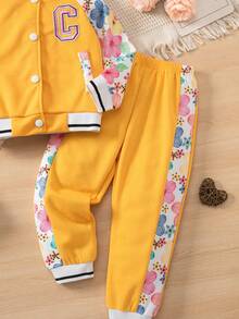 SHEIN Bộ 2 áo khoác và quần dài cổ bóng chày in họa tiết hoa tay raglan cho bé gái trang phục thường ngày - Màu vàng - Xem 4