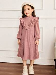 少女领口荷叶边下摆长袖A字连衣裙 - 藕粉色 - 查看 6