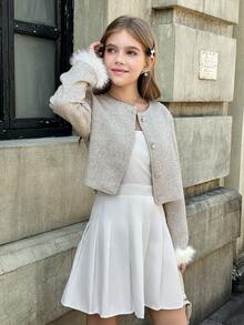Girls Short Fluffy Elegant White Faux Fur Jacket, Autumn/Winter