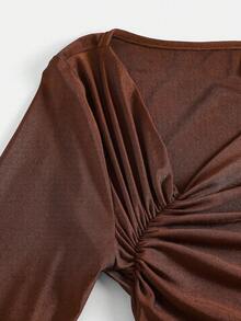Girlism 少女棕色褶皱肩部长袖A字连衣裙，领口蝴蝶结腰带，时尚日常连衣裙，适合秋冬季穿着 - 棕色 - 查看 7
