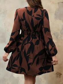 Roveilla Plus Size Women Long Sleeve Floral Print Ruched Waist Casual Vacation Commute Short Dress, Spring & Autumn Fall Cloth For Women - Rust Brown - View 2