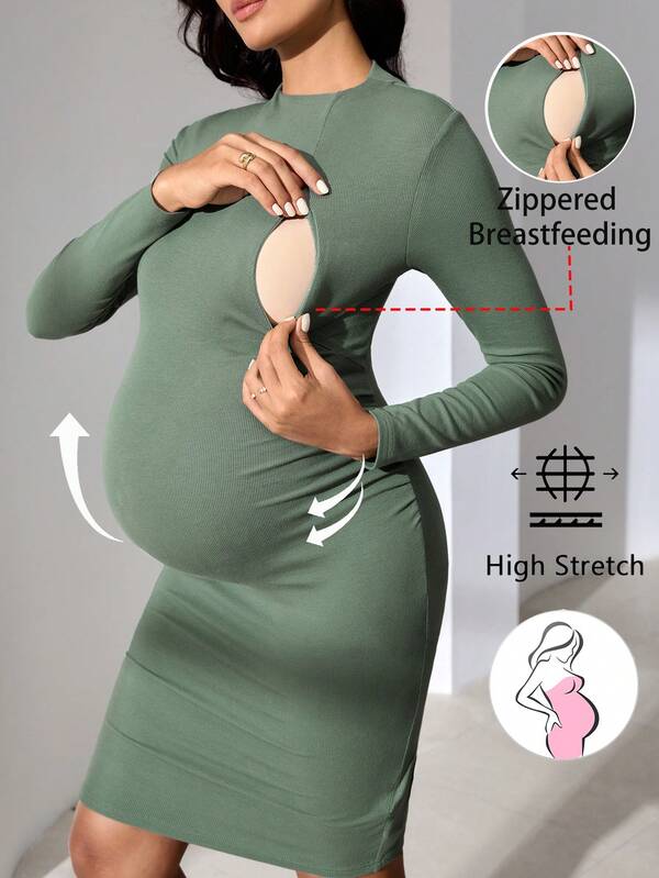 MaterniWear Office,Business Maternity Work Clothes Maternity Work Outfits Maternity Work Wear Maternity Dresses Maternity Solid Color Round Neck Zipper Design Long Sleeve Fitted Nursing Dress Sage Green Maternity Dress Long Sleeve Midi Dress Maternity Bodycon Dress Ribbed Knit Dress Dresses For Women Bodycon Nursing Dresses For Breastfeeding Pregnancy Breastfeeding Dress Long Sleeve Maternity Dress Dress For Pregnant Women High Stretch Dress