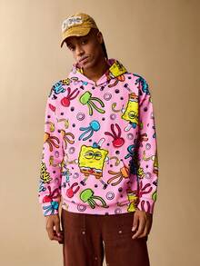 SpongeBob SquarePants | SHEIN Men's Cartoon Pattern Casual Versatile Long Sleeve Hoodie Sweatshirt - Pink - View 2