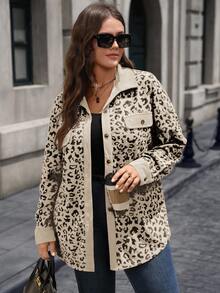 EMERY ROSE Plus Size Women Leopard Print Patchwork Shirt Style Jacket, Autumn/Winter - Khaki - View 4