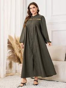 Lacomfia Robe ample pour femmes grande taille, style minimaliste mode, avec patchwork de dentelle et sequins, manches longues, fermeture éclair, pour un usage quotidien - Acajou - Voir 5