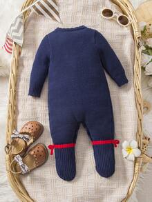 SHEIN Baby Girl Blue Knitted Sweater Jumpsuit With Embroidered And Bow Decorations And Patterns. For Spring, Autumn And Winter. - Royal Blue - View 3