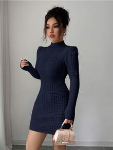 Elenzga Vestido de suéter de mujer con cuello alto, elegante, de Body ceñido y textura acanalada en la cintura - Azul Marino - Ver 3