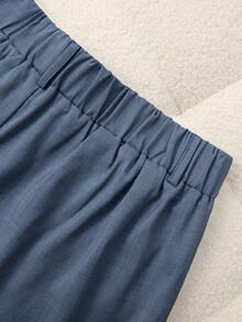 SHEIN PETITE Women's Casual Commuter Contrast Waistband Straight Leg Pants - Blue - View 5