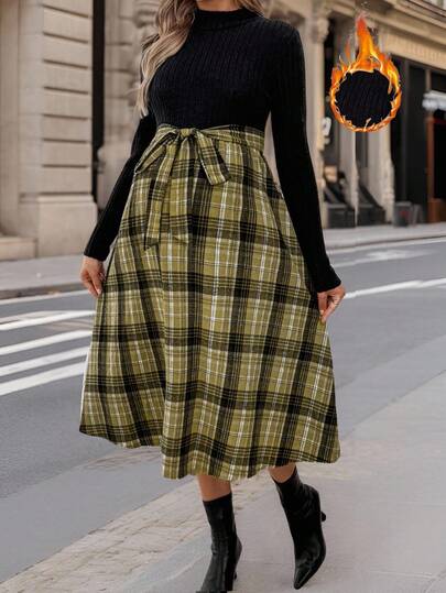 SHEIN Maternity Casual Plaid Patchwork Stand Collar Dress, Autumn/Winter Plaid Dress Women Midi Skirt Wrap Skirts For Women Maternity Skirt Maternity Clothes Fall Winter