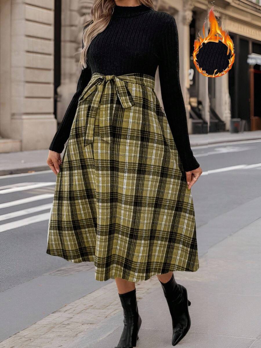 SHEIN 孕婦格紋拼接立領洋裝,秋季優雅正式晚宴辦公穿搭,休閒冬季女款中長圍裹裙 - 綠色 - 查看 1