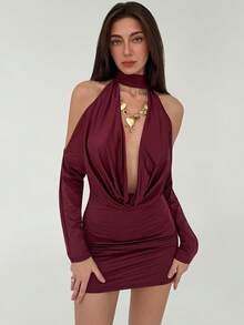 Aloruh Women's Plunging Neck Cold Shoulder Burgundy Mini Dress,Elegant Wedding Guest Evening Formal Party Dress For Winter,Techno Date Night Out Rave - Cherry Red - View 4
