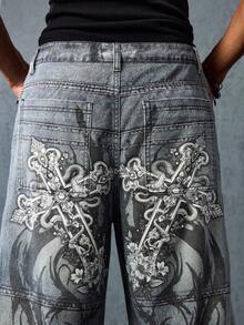 ROMWE MEN Goth Men's Cross Pattern Wide Leg Casual Loose Street Jeans - Dark Wash - View 2
