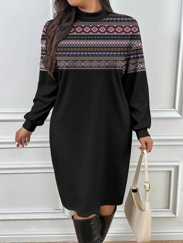 SHEIN Essnce Vestido casual vintage plus size com gola alta e mangas compridas.