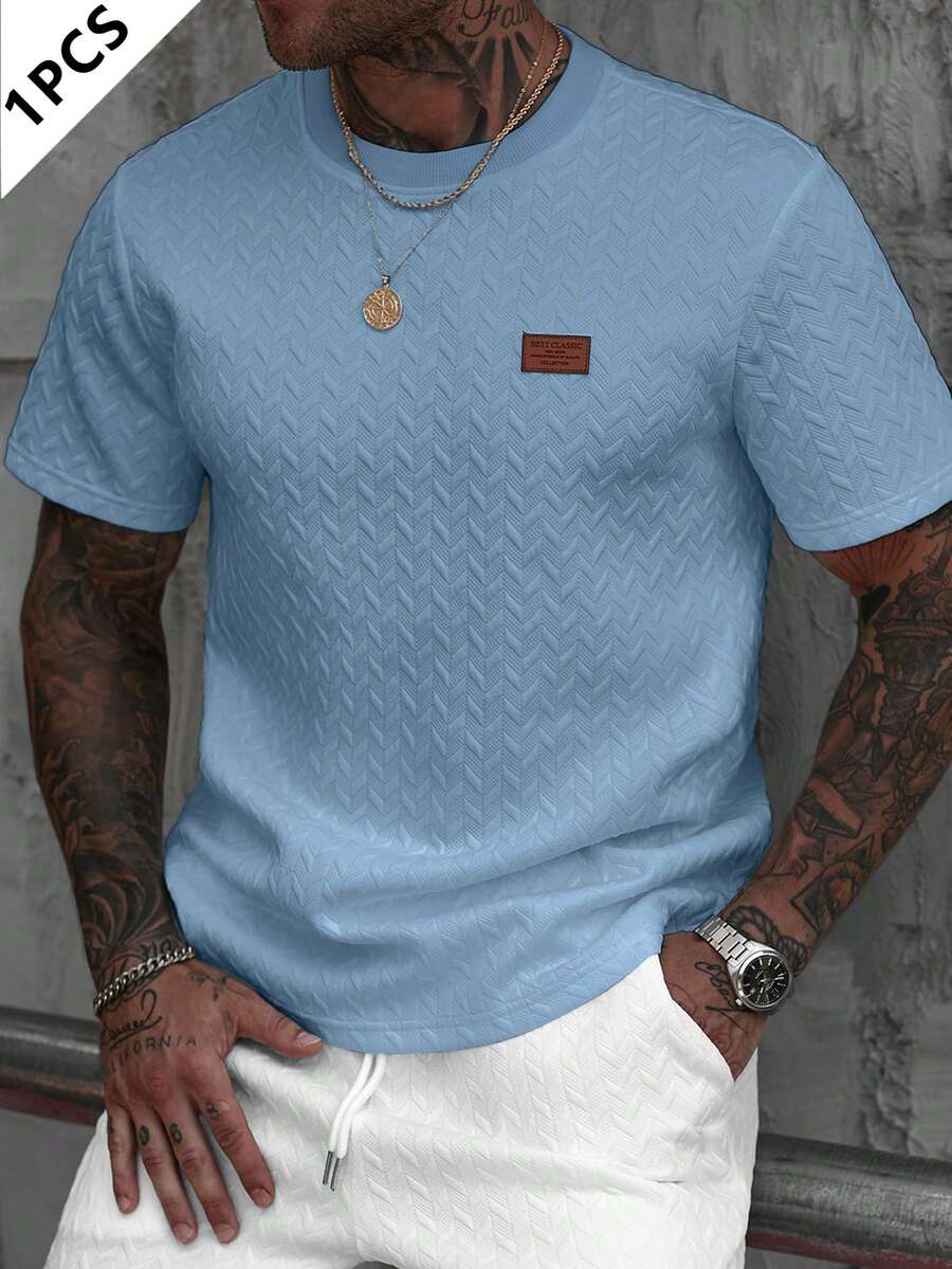 Manfinity Homme Men's Summer Jacquard Ribbed Collar Short Sleeve T-Shirt, Fine Gift For Boyfriend Or Husband,Very Suitable For Daily Casual Wear In Summer, Suitable For Seaside Vacation, Fashionable And Versatile Item Light Blue Top Men Men T Shirt Co Ords Baby Blue T Shirt Men Summer Outfits Baby Blue Men Set