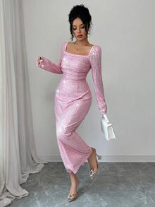 Elenzga Elegancka sukienka damska z kwadratowym dekoltem i cekinami, dopasowana w talii, z długim rękawem, z błyszczącego materiału, idealna na imprezę, jesień/zima - Różowy - Zobacz 6