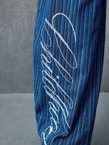 ROMWE MEN Prep Men's Casual Printed Striped Curved Hem Denim Jeans - Blue - View 2