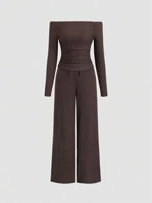Sweetra Women's New Basic Versatile 2 Pieces Set, Solid Color Off-Shoulder Long Sleeve Top & Casual Drawstring Wide Leg Pants Suit Fall Cloth For Women