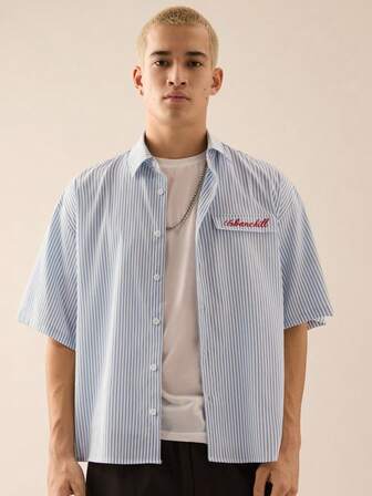SWAVVY Regular Size Men's Fashionable Casual Loose Short Boxy Blue & White Striped Embroidered Shirt, School