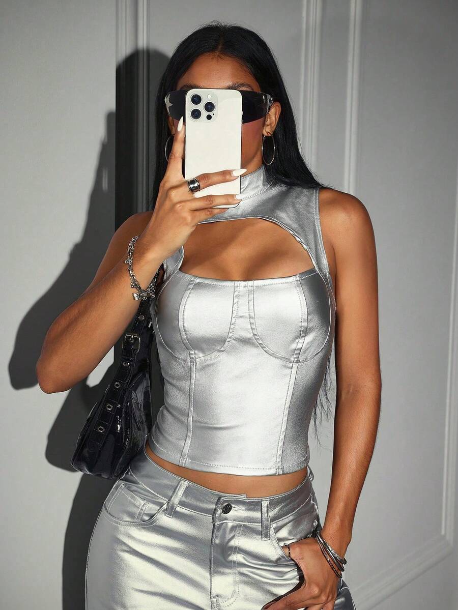 SHEIN Y2K Fashion Silver Collar Cup Strap Fitted Coated Women Top - Silver - View 1