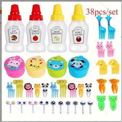 30/38pcs Cute Animal Theme Reusable Fruit & Dessert Forks, Cartoon Food Picks, ABS Material. Portable Tomato & Honey Salad Squeeze Bottles, 4pcs Fruit & Vegetable Flower Cutters. Suitable For Lunch Box, Bento Box Decoration, Party, Holiday Celebration, Outdoor Picnic, Home Use
