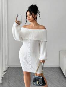 Elenzga Women's Elegant Off Shoulder Long Sleeve Loose Knit Sweater Dress, Suitable For Outings, Wedding Guests, Autumn/Winter