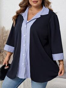 SHEIN CURVE+ Áo kiểu nữ cỡ lớn tay lửng in họa tiết sọc phối màu, dáng rộng, màu xanh navy, áo sơ mi sọc xanh navy, áo cardigan xanh navy, áo công sở nữ, áo kiểu học sinh, trang phục thu đông, đồ đi học, áo nữ giáo viên, phong cách đồng quê. - Nhiều màu - Xem 7
