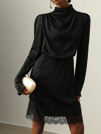 Vesra 秋冬新款优雅休闲百搭垂坠领长袖连衣裙女，时尚蕾丝拼接，适合多种场合