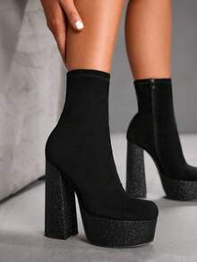 CUCCOO SZL 女士黑色绒面厚底防水弹力简约正式侧拉链踝靴，适合圣诞节穿着 - 黑色 - 查看 5