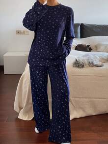 DAZY 碎花宽松舒适女士睡衣套装，秋冬服装 - 藏蓝色 - 查看 6
