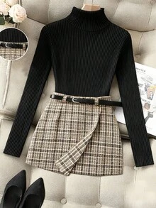 SHEIN Franclia 2件套 女士罗纹针织上衣+系带半身裙裤套装 - 黑色 - 查看 1