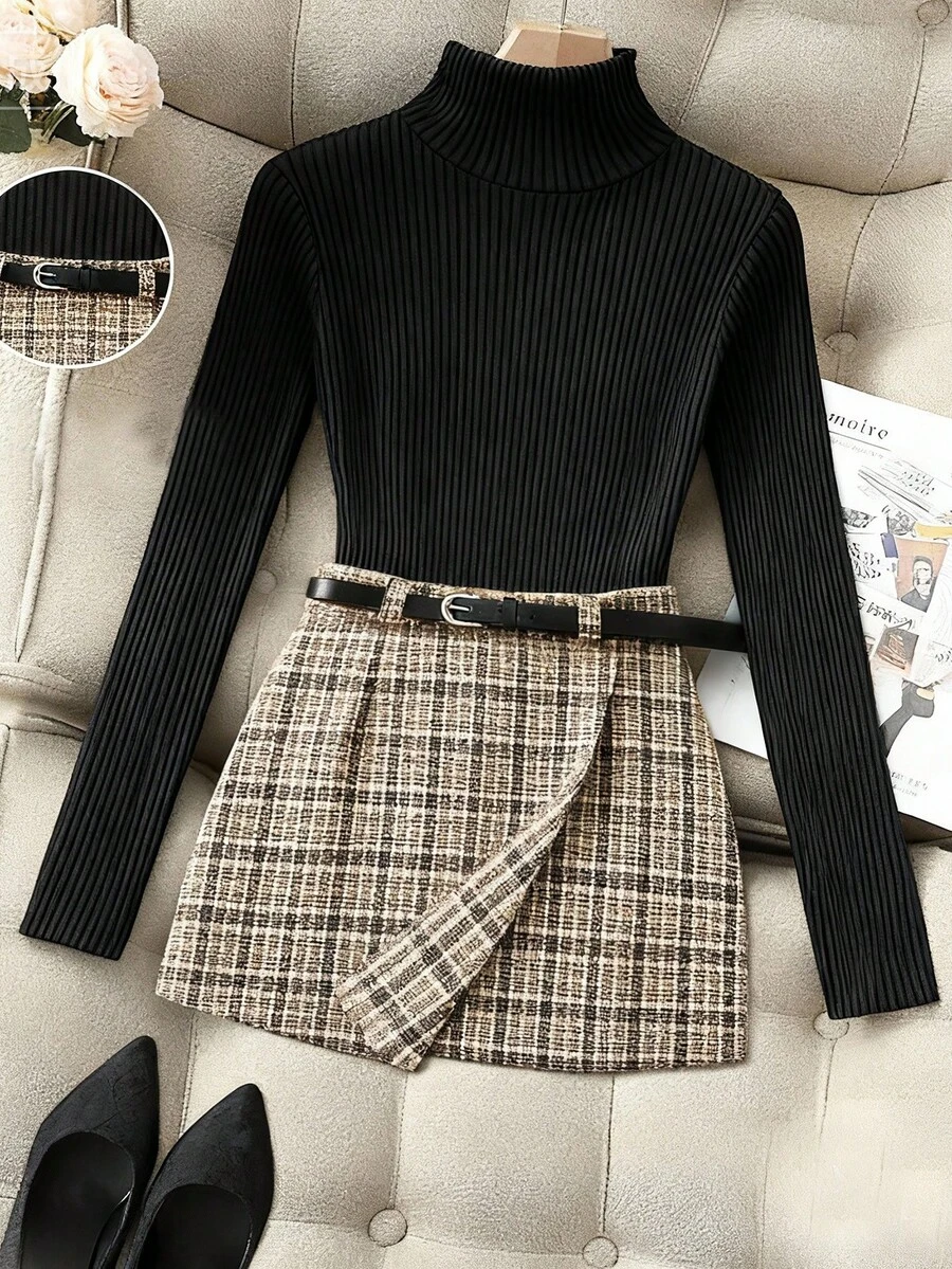 SHEIN Franclia 2件套 女士罗纹针织上衣+系带半身裙裤套装 - 黑色 - 查看 1