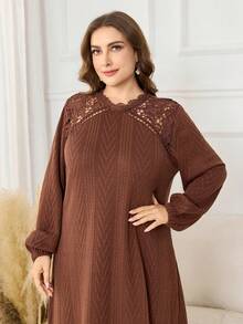 Lacomfia Plus Size Elegant Long Knit Dress With Lace Hollow-Out Shoulder And Lantern Sleeves, Deep Brown - Coffee Brown - View 5