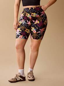 SpongeBob SquarePants | SHEIN 大码可爱卡通图案弹力打底短裤 - 黑色 - 查看 5