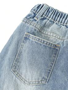 Denimly 男童休闲日常都市街头个性涂鸦印花松紧腰拉链口袋工装裤 - 淺色水洗藍 - 查看 6