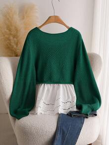 CosyJoli Suéter holgado con cuello redondo, cintura ceñida, mangas farol, parches y volantes en el bajo para mujer de talla grande. Suéter de ganchillo, suéter de punto, blusa de encaje para mujer, top estilo cottage para otoño/invierno - Verde Oscuro - Ver 2