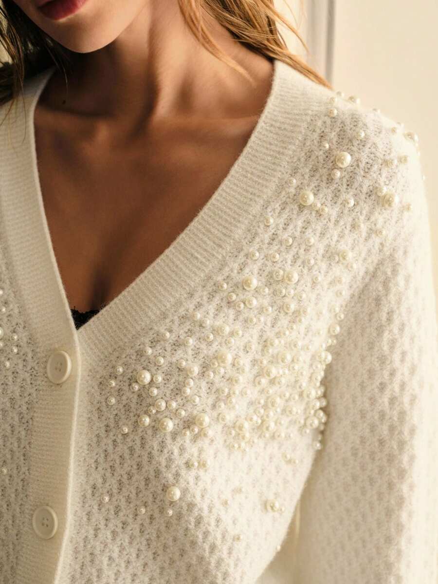 MOTF PREMIUM FAUX PEARLS V-NECK LANTERN SLEEVE CARDIGAN , FALL WINTER - White - View 2