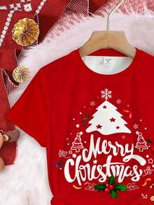 SHEIN Tween Girls' Red Summer Cute Graphic Sleep Christmas Pajama Set,Cartoon Deer Star Christmas Tree Short Sleeve Crew Neck T-Shirt & Leggings,Snug Fit - Multicolor - View 4