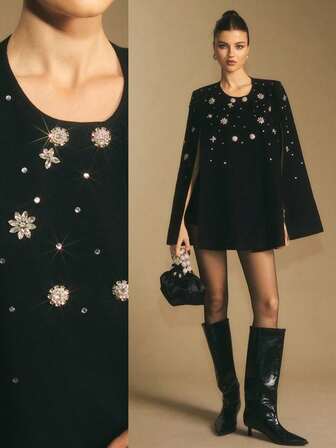 Poéselle 女士优雅羊毛斗篷，带水钻花朵装饰，圆领，秋冬款