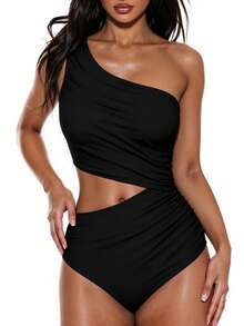 Swim Basics Traje de baño de una sola pieza con un hombro descubierto y recortes, para mujer, para verano - Negro - Ver 5