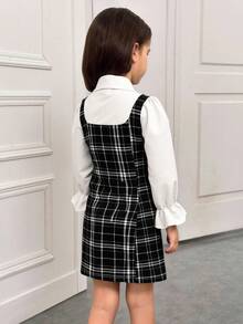 Young Girl Casual Minimalist Comfortable Collared Puff Sleeve Color Block Dress - Multicolor - View 2