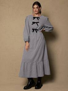 Freevana Váy kẻ caro nơ viền bèo nhún cỡ lớn, mùa thu - Đen và trắng - Xem 1