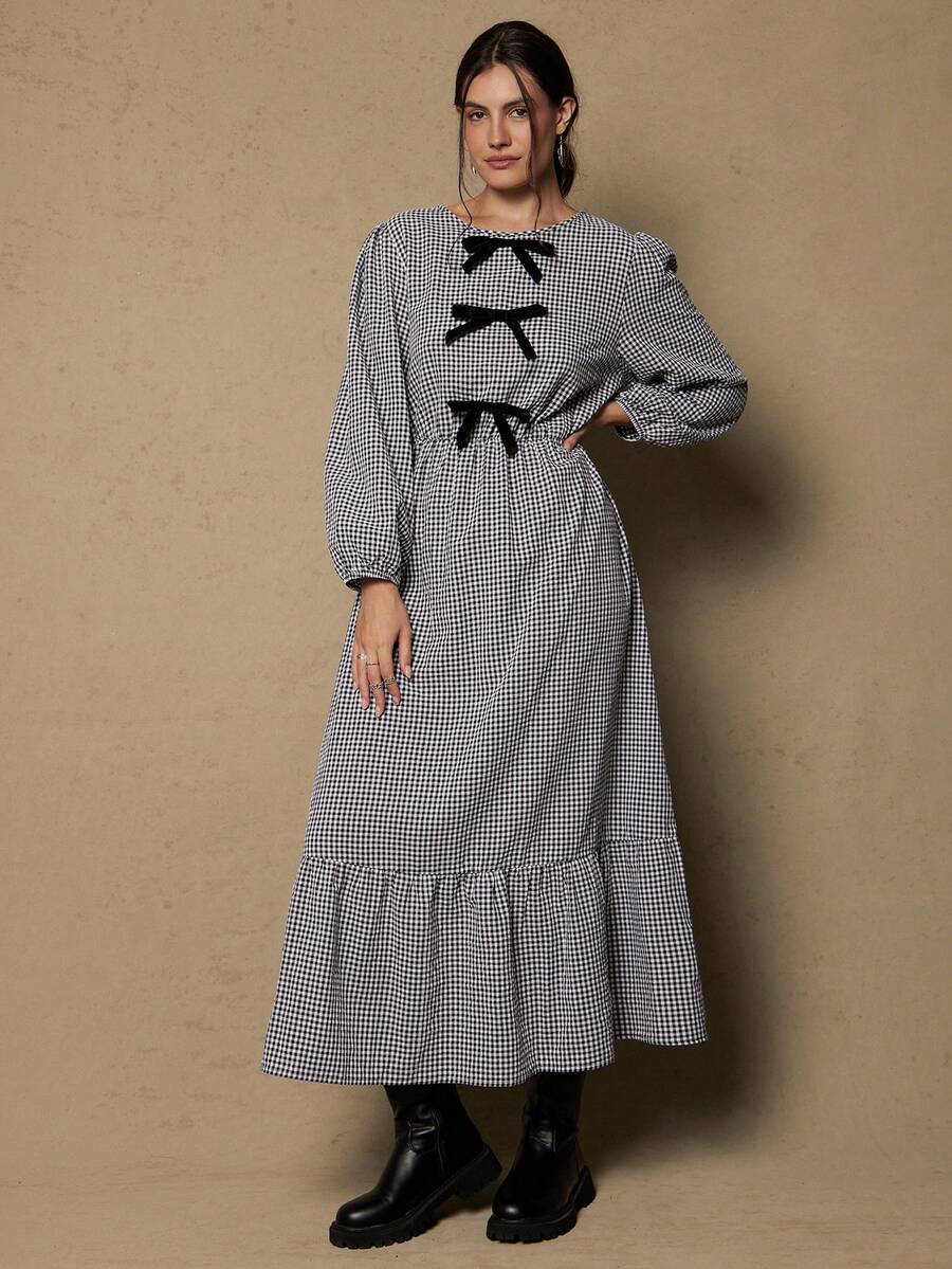 Freevana Váy kẻ caro nơ viền bèo nhún cỡ lớn, mùa thu - Đen và trắng - Xem 1