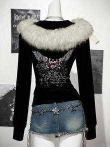 SHEIN ICON 女式休闲复古修身毛领连帽常规外套，带骷髅翅膀图案，适合秋冬，复古复古，Y2K，十字图案印花，街头服饰，复古，复古，垃圾摇滚，朋克， - 黑色 - 查看 3